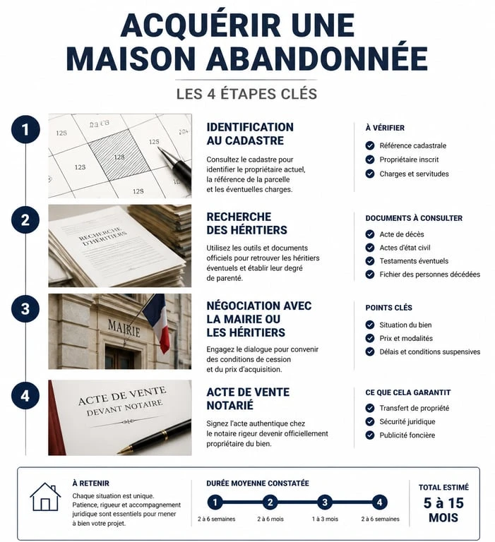 Infographie des étapes d'acquisition d'une maison abandonnée