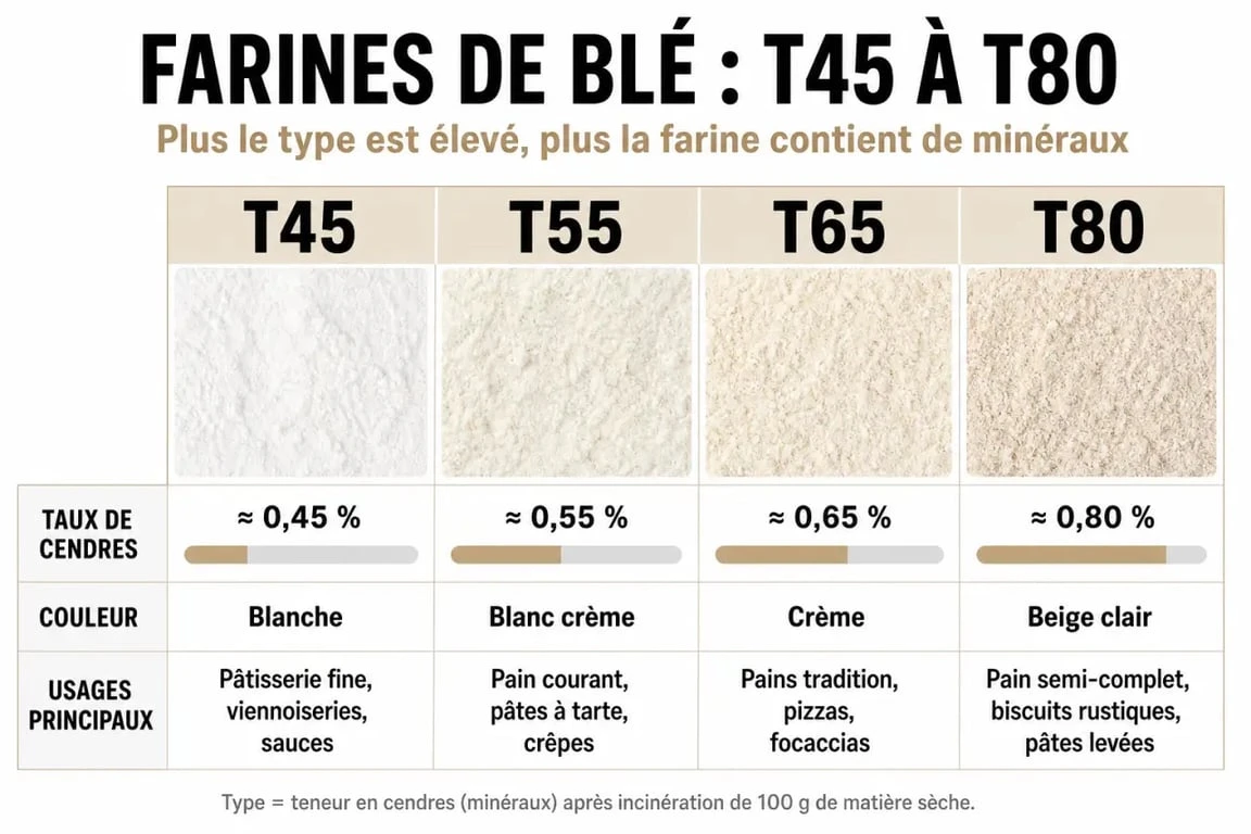 Tableau comparatif des types de farine T45, T55, T65 et T80 pour choisir la bonne farine selon l'utilisation