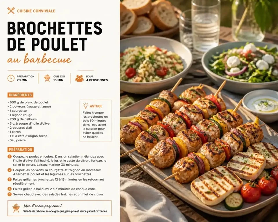 Barbecue entre amis avec brochettes de poulet et légumes grillés sur une table conviviale