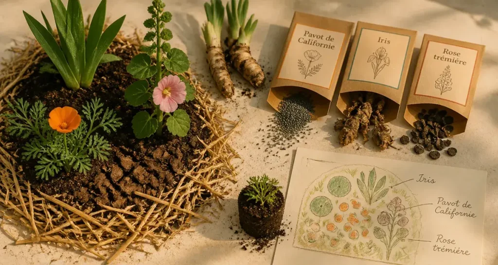 Que planter en juillet août fleurs : pavot, iris, rose trémière en paillis