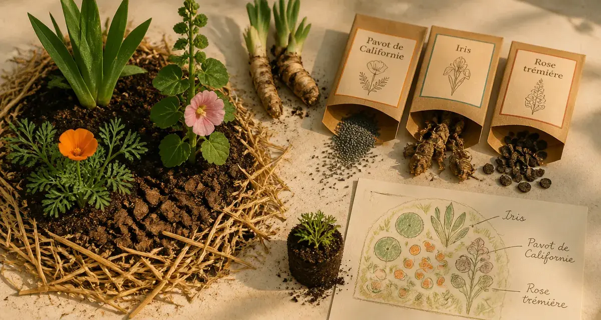 Que planter en juillet août fleurs : pavot, iris, rose trémière en paillis