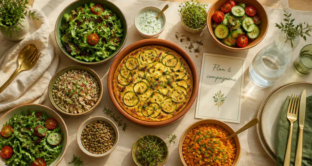 Que servir avec un flan de légumes, table dressée et accompagnements variés