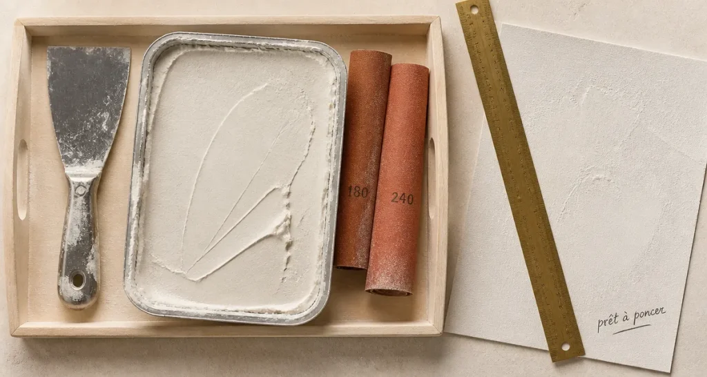 Temps séchage enduit lissage avant ponçage : test visuel et papier abrasif fin prêt à poncer