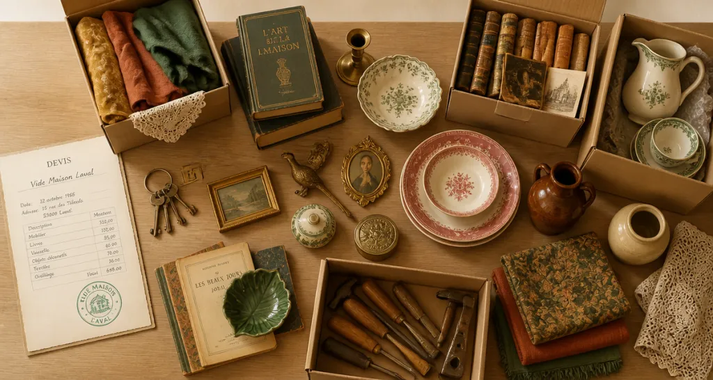 vide maison laval objets anciens sur table