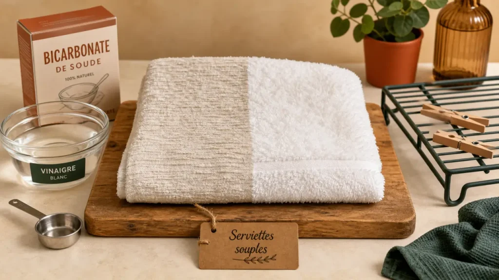 Comment avoir des serviettes de toilette moelleuse sans sèche-linge : serviette, vinaigre et bicarbonate, cycle 40°C