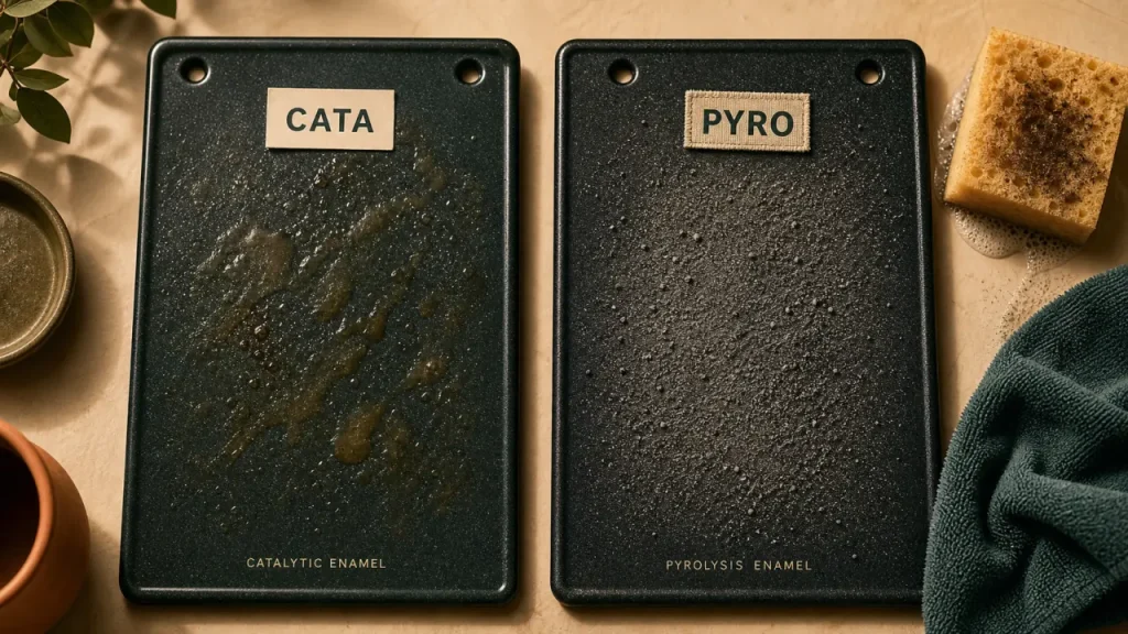 Difference entre catalyse et pyrolyse : traces graisse diffuses vs résidus carbonisés en cendres (200-250°C vs 450-500°C)