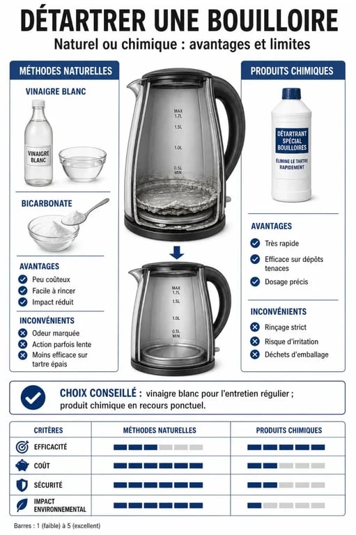 Infographie comparative des méthodes pour nettoyer une bouilloire et détartrer efficacement
