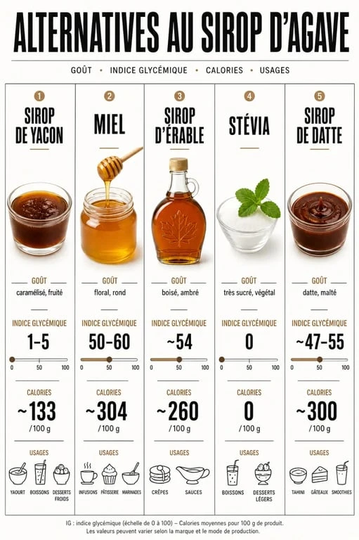 Infographie comparative pour par quoi remplacer le sirop d agave : yacon, miel, sirop d’érable, stévia et sirop de datte