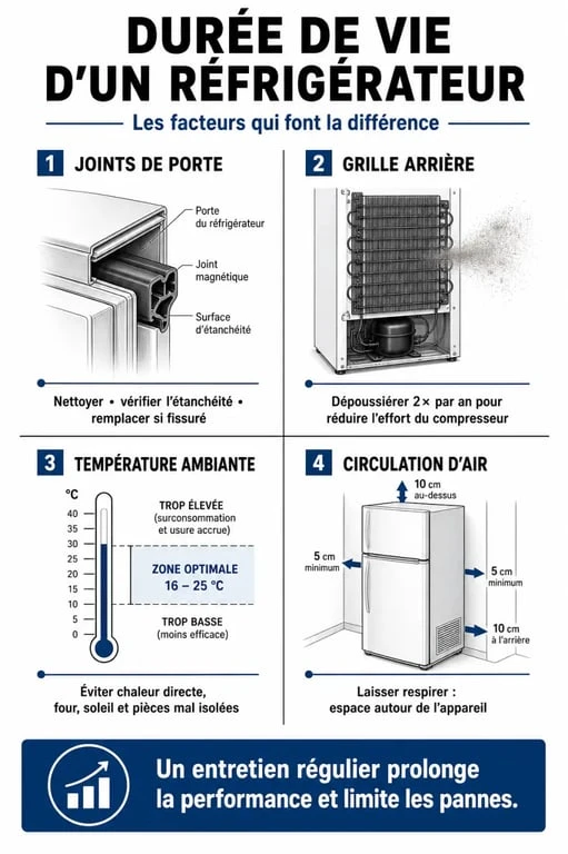 Infographie sur les facteurs influençant la durée de vie d'un frigo et conseils d'entretien