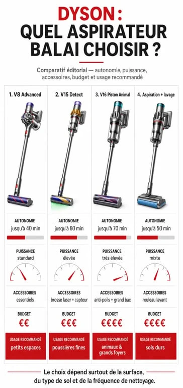 Comparatif meilleur aspirateur balai dyson avec V8 Advanced, V15 Detect et V16 Piston Animal