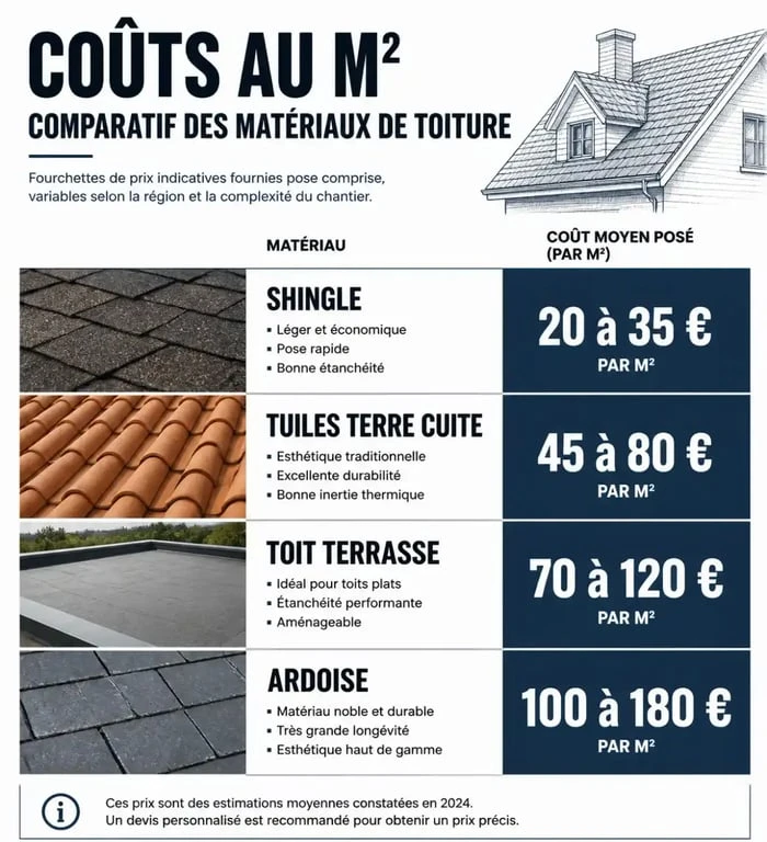 Comparatif des prix au m² par type de matériau pour une toiture de 100m2