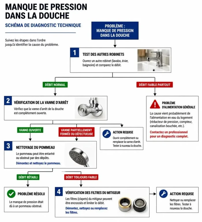 Schéma de diagnostic pour résoudre un problème de pas de pression douche