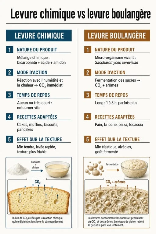 Infographie sur levure chimique ou boulangère : différences, usages et mode d’action