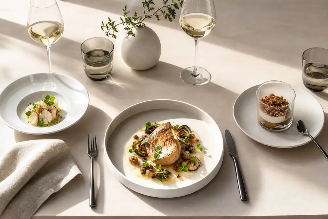 Menu un diner presque parfait présenté sur une table élégante avec entrée, plat et dessert raffinés