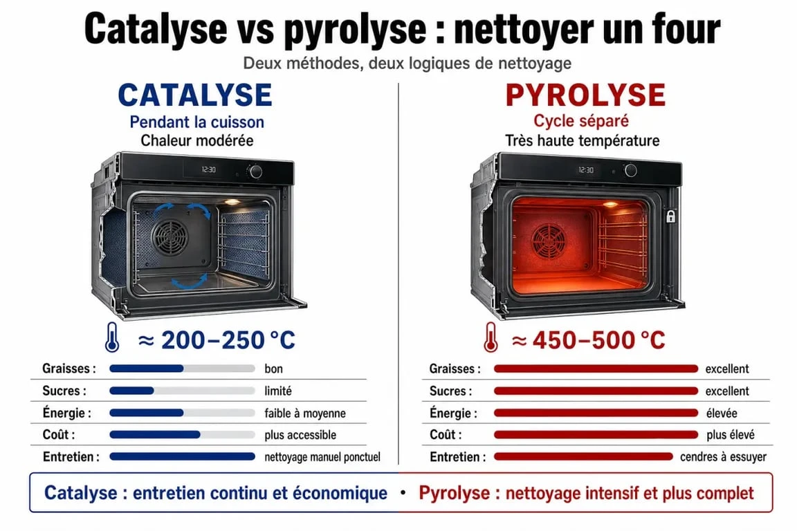 Différence entre catalyse et pyrolyse pour le nettoyage d’un four, comparaison visuelle