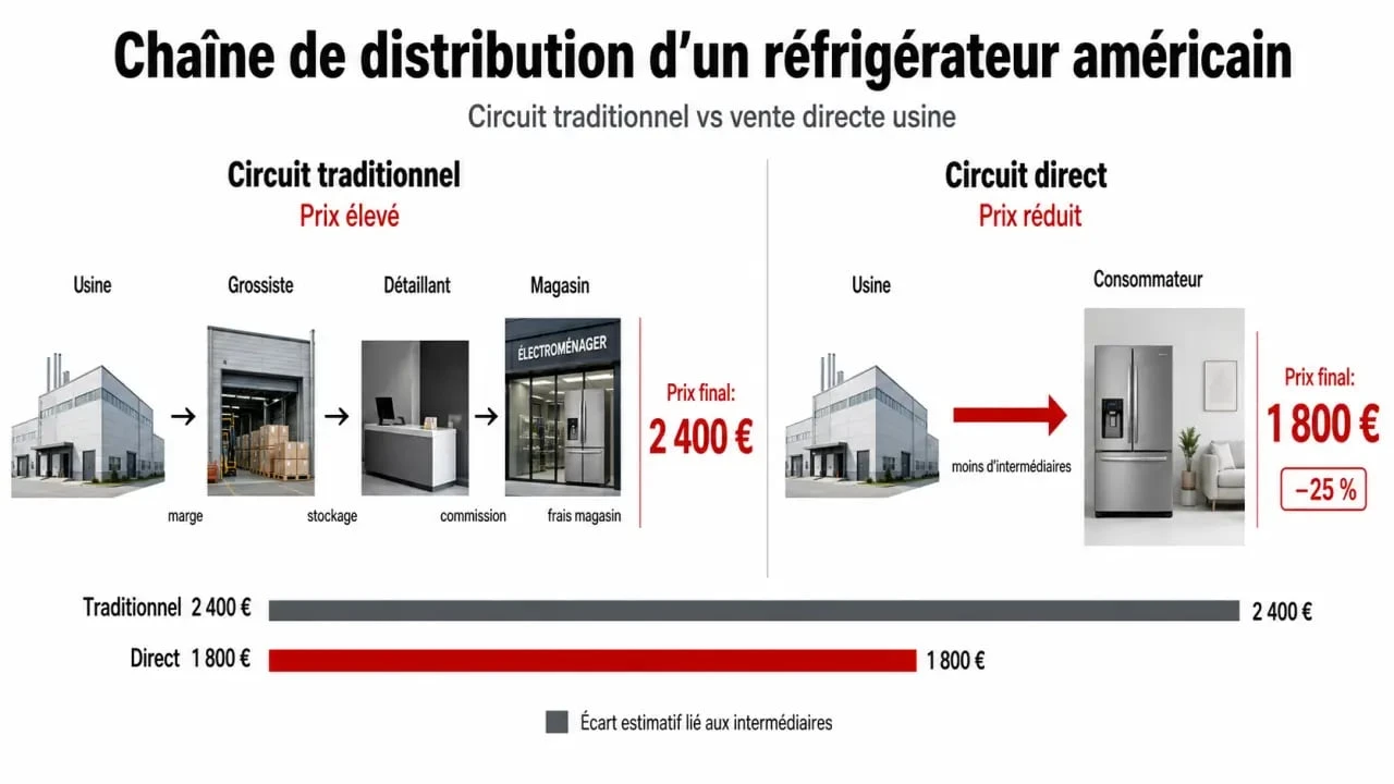 Comparatif des circuits de distribution d'un frigo américain : prix usine vs prix magasin