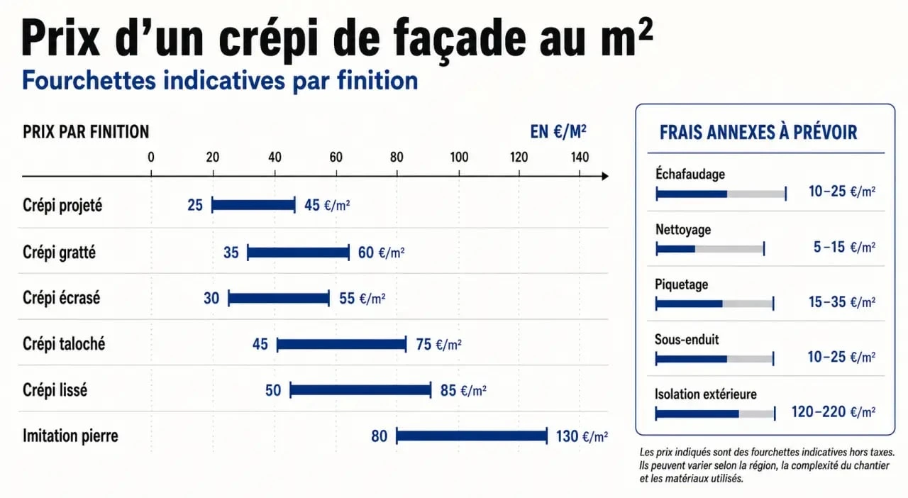 Crépi prix m2 : comparaison visuelle des prix au m² selon le type de crépi et les frais annexes