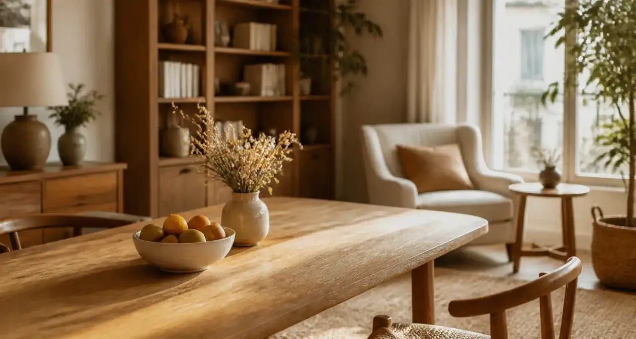 Coin chaleureux d'une maison moderne : table en chêne, fauteuil en lin, étagère et plantes dans une lumière douce