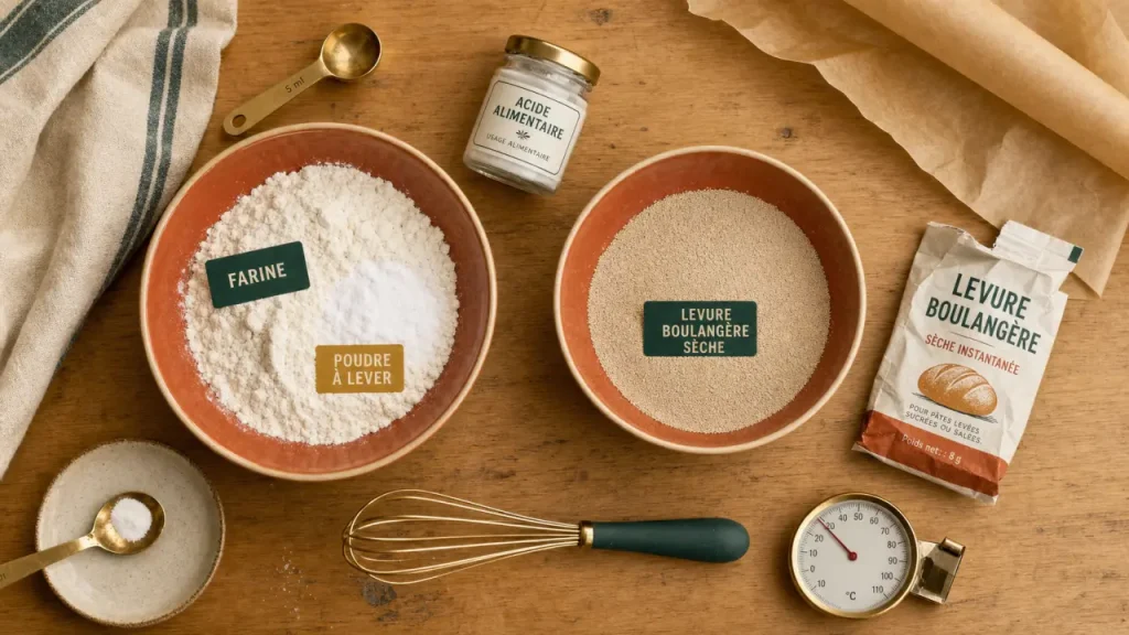 Levure chimique ou boulangère : farine, poudre à lever et levure boulangère pour pain, cake et brioche