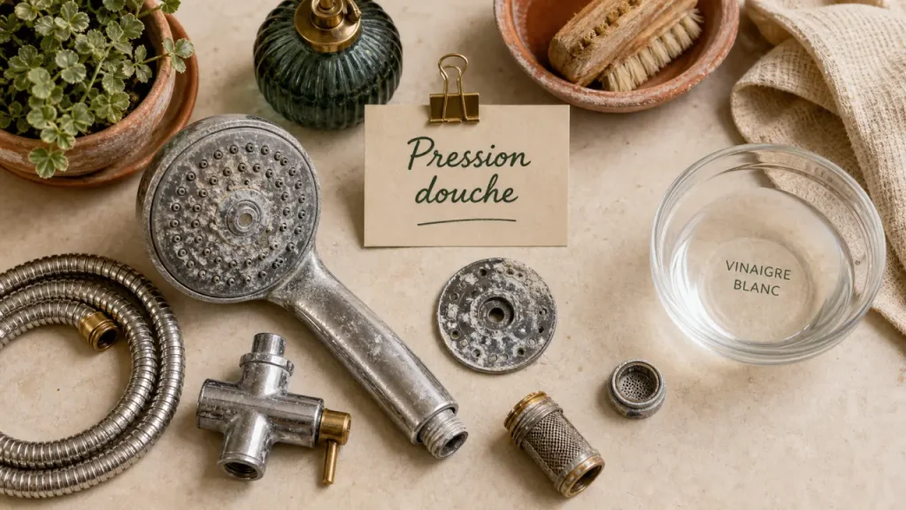 Pas de pression douche : calcaire sur pommeau et solutions