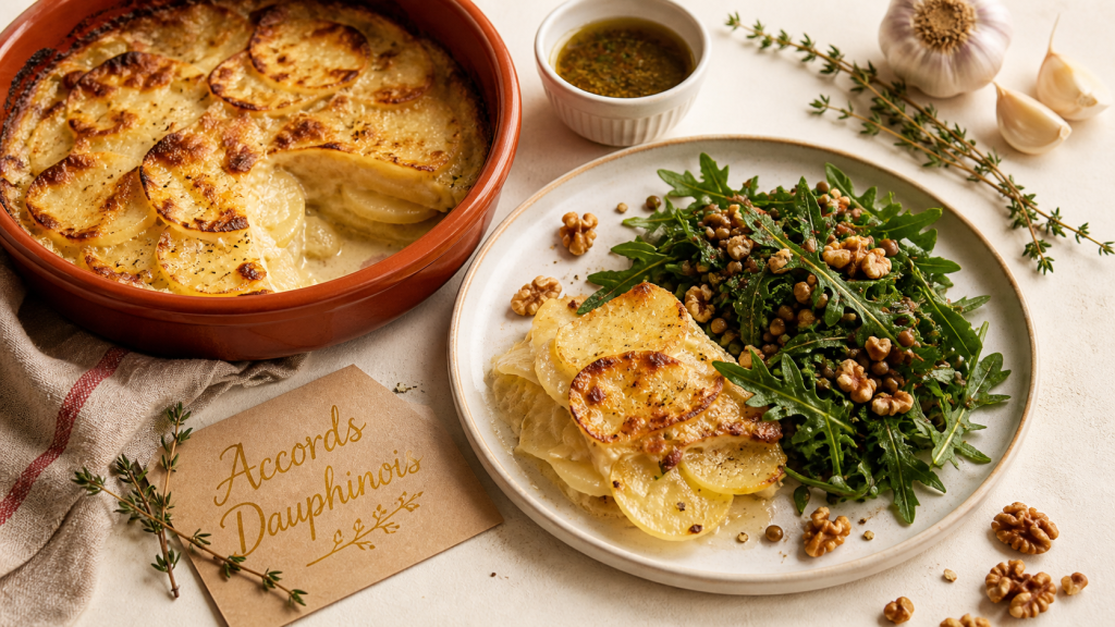 Que manger avec un gratin dauphinois sans viande : salade roquette et lentilles tièdes à côté de gratin dauphinois