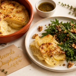 Que manger avec un gratin dauphinois sans viande : salade roquette et lentilles tièdes à côté de gratin dauphinois