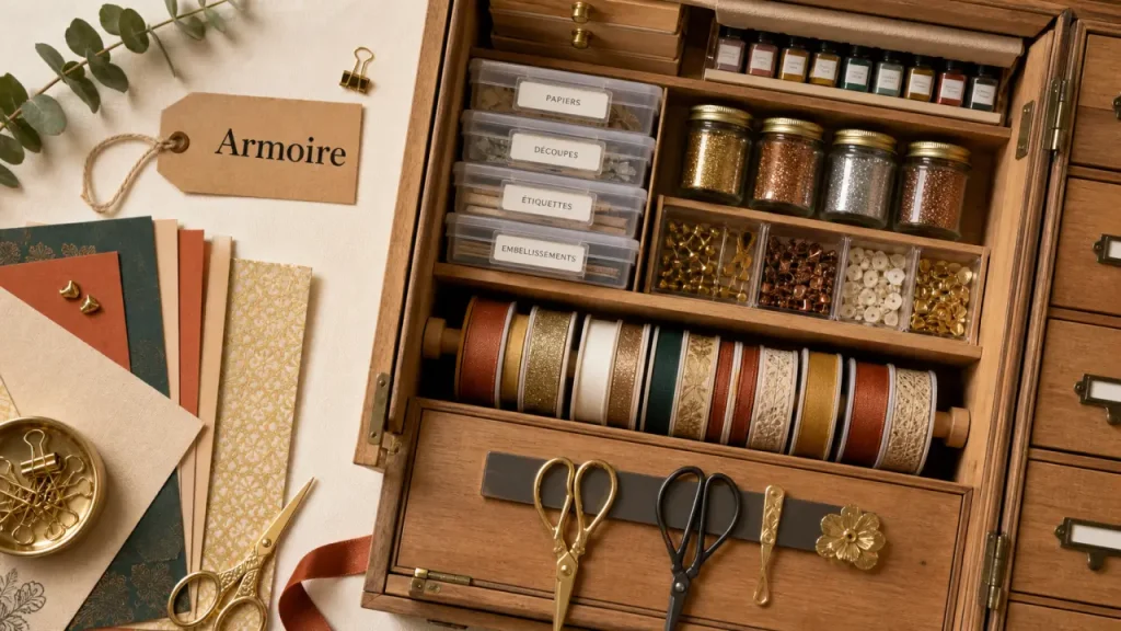 Armoire rangement loisirs créatifs à faible profondeur, accès rapide aux bacs