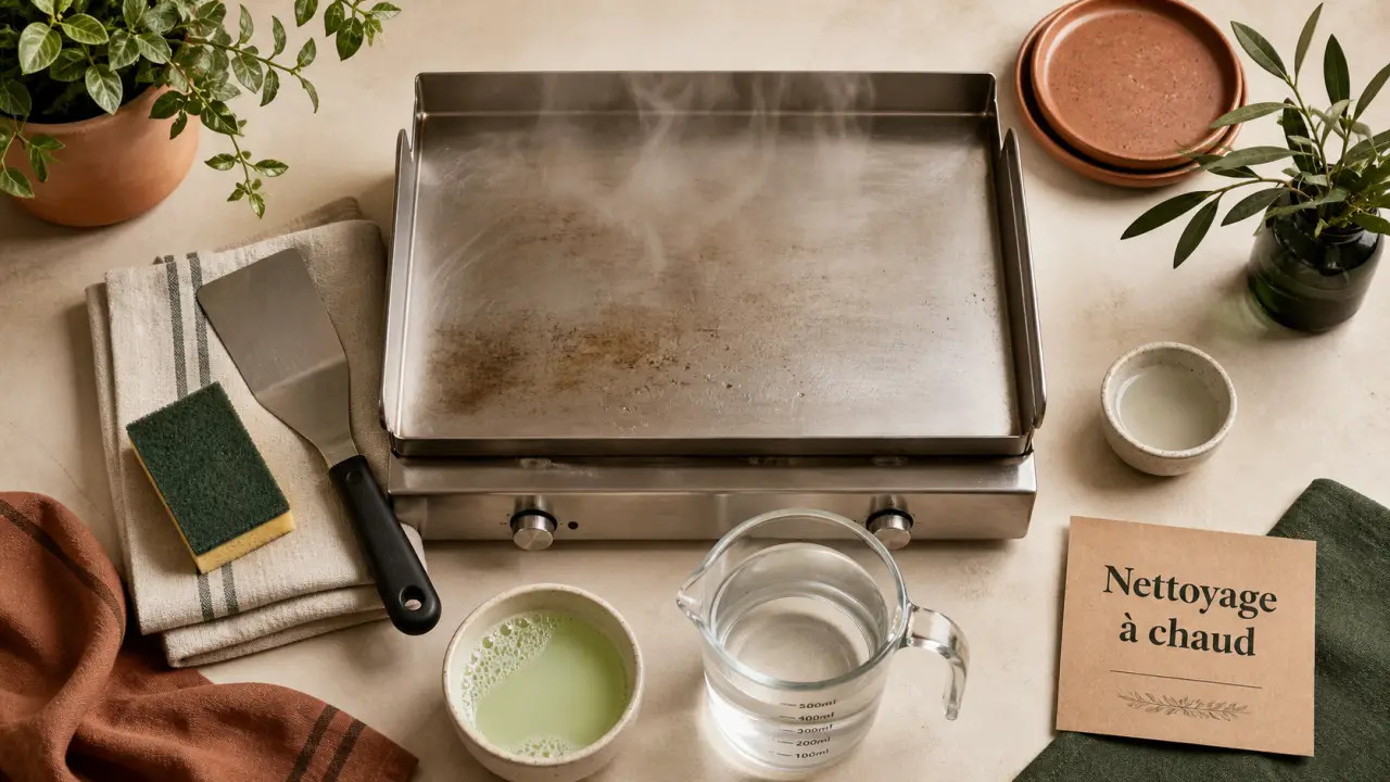 Comment nettoyer une plancha : nettoyage à chaud sur plancha inox tiède