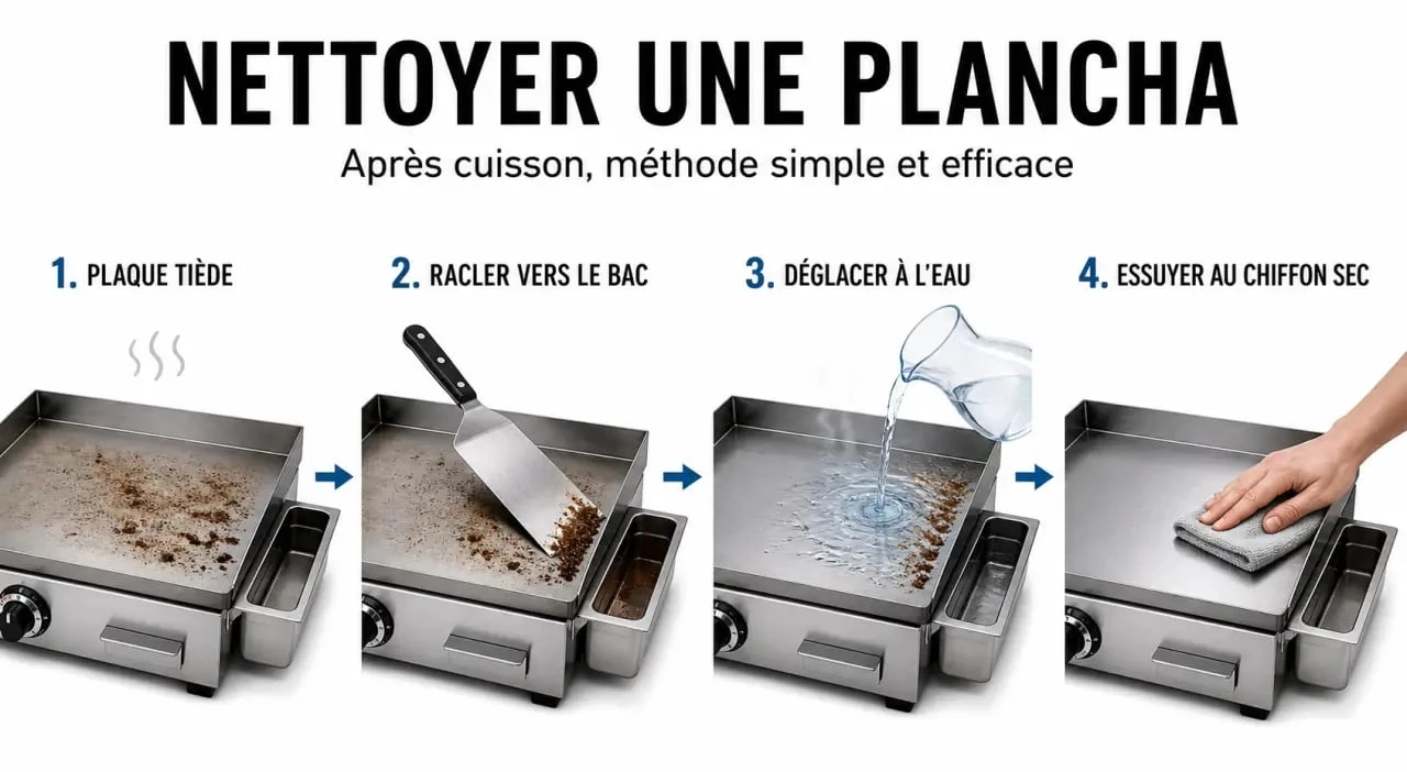 Comment nettoyer une plancha : étapes de nettoyage à chaud avec raclage, déglaçage et essuyage