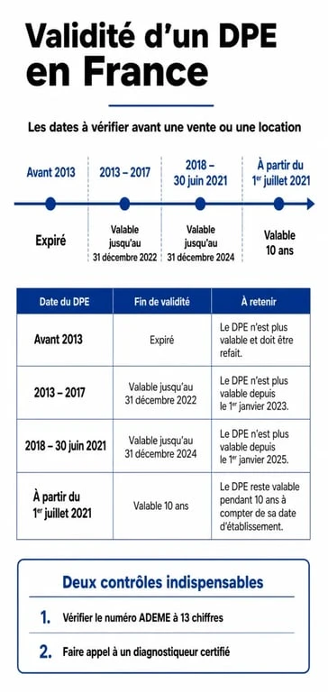 Infographie sur la validite dpe selon la date de réalisation et le numéro ADEME
