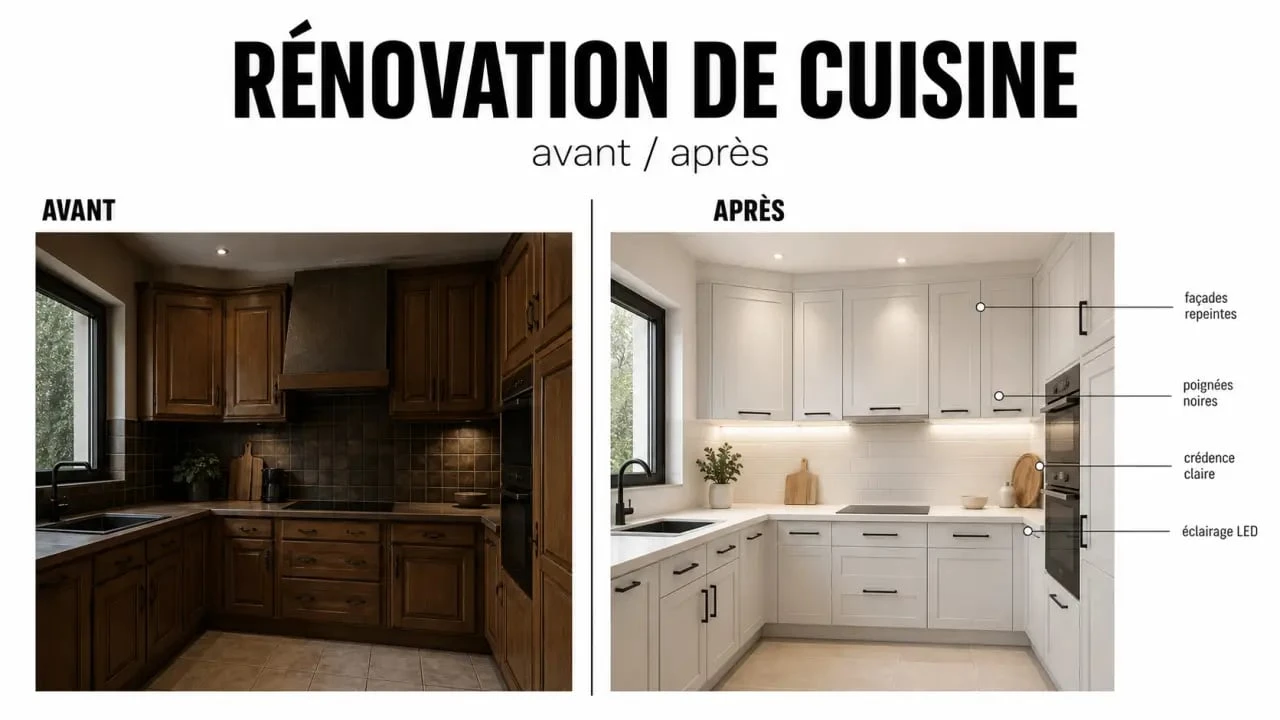 Rénover une cuisine en bois : avant/après d’une cuisine rustique modernisée avec façades repeintes, nouvelles poignées et crédence claire