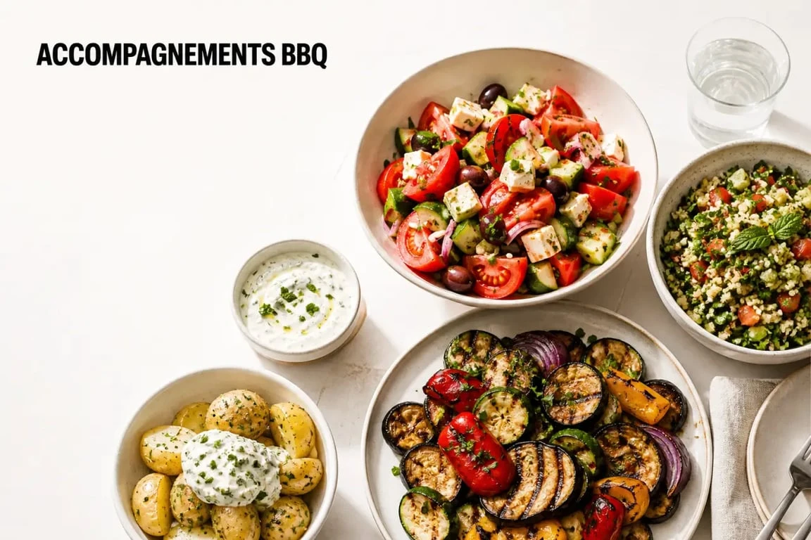 Accompagnement barbecue rapide présenté sur une table conviviale avec salade grecque, taboulé et légumes grillés