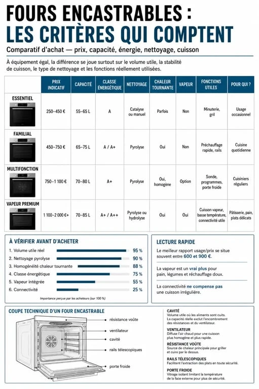 Comparatif four encastrable : tableau visuel des critères clés, prix, capacité, nettoyage et fonctionnalités