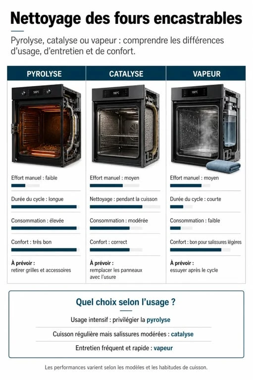 Comparatif four encastrable : pyrolyse, catalyse et vapeur expliquées visuellement