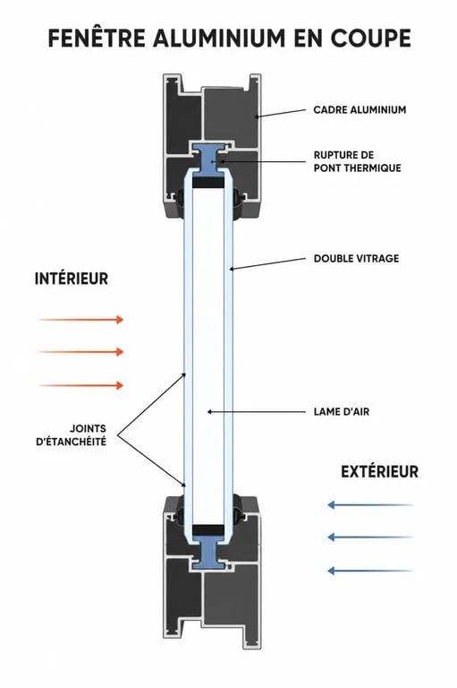 Schéma sur l'isolation thermique fenetre alu montrant la rupture de pont thermique, le vitrage et les joints