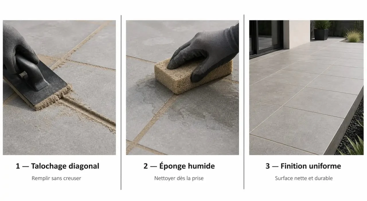 Joint carrelage exterieur : illustration des étapes de pose et de nettoyage sur une terrasse