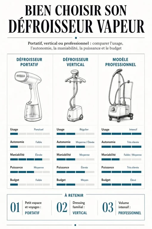 Quel defroisseur choisir : infographie comparative des modèles portatif, vertical et professionnel