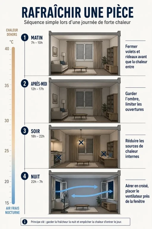 Rafraichir une piece : schéma éditorial des gestes clés pour garder une pièce au frais