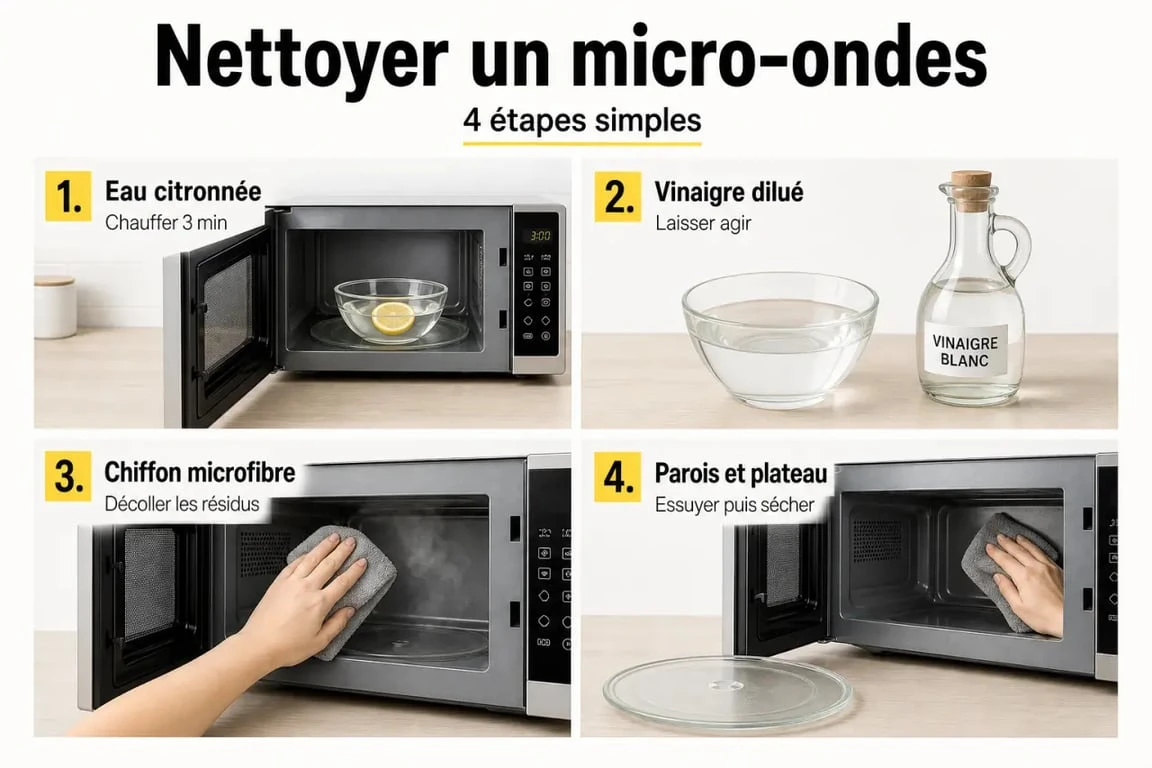 Nettoyage micro onde : illustration des étapes pour nettoyer les parois, le plateau tournant et éliminer les odeurs