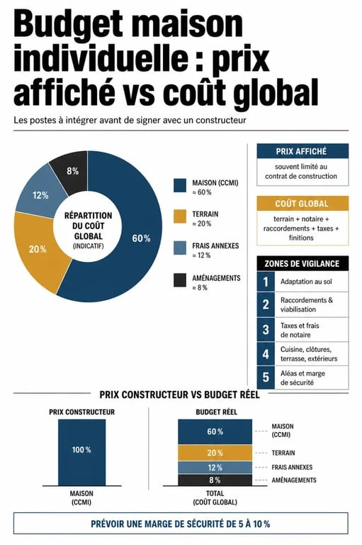 Prix maison constructeur : infographie du budget global avec maison, terrain, frais annexes et aménagements
