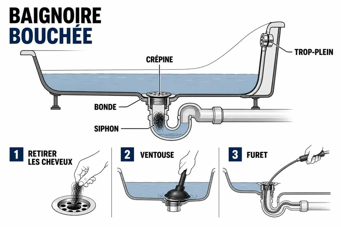 Démonstration pour déboucher baignoire avec bonde, siphon, crépine et trop-plein