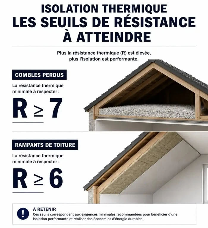 Infographie des seuils de résistance thermique pour le certificat de conformité isolation combles
