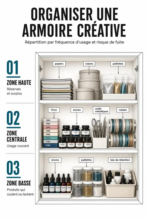 Armoire rangement loisirs créatifs : organisation intérieure par zones et familles de matériel