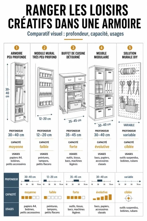 Armoire rangement loisirs créatifs : comparaison visuelle des solutions de rangement et des profondeurs