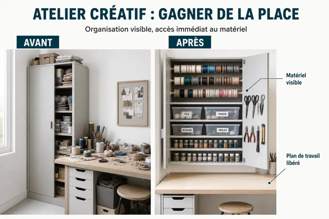 Armoire rangement loisirs créatifs bien organisée dans un atelier créatif