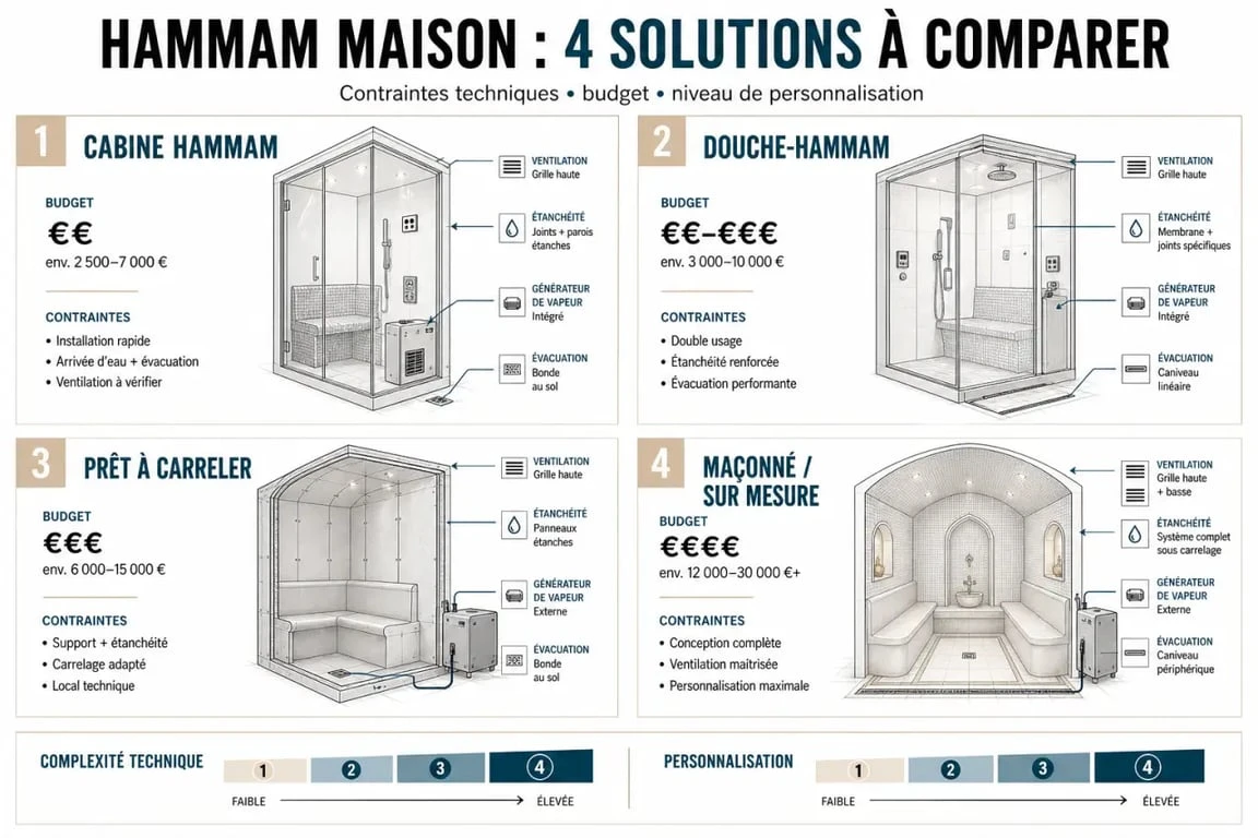 Comparatif hammam maison : types, contraintes techniques et budgets