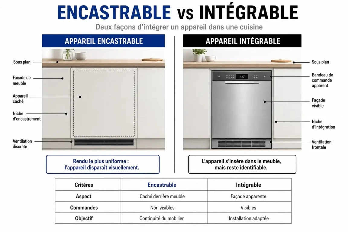 Différence entre encastrable et intégrable dans une cuisine, infographie comparative