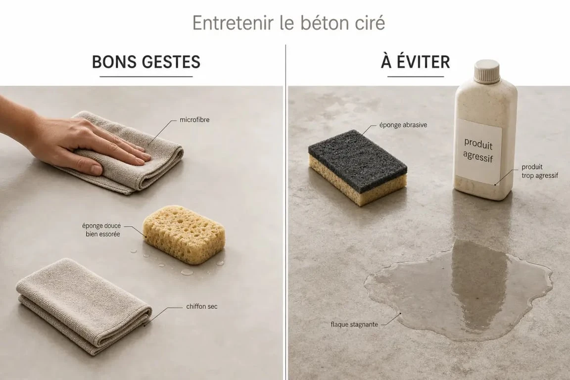 Nettoyer béton ciré : bons gestes avec microfibre et erreurs à éviter