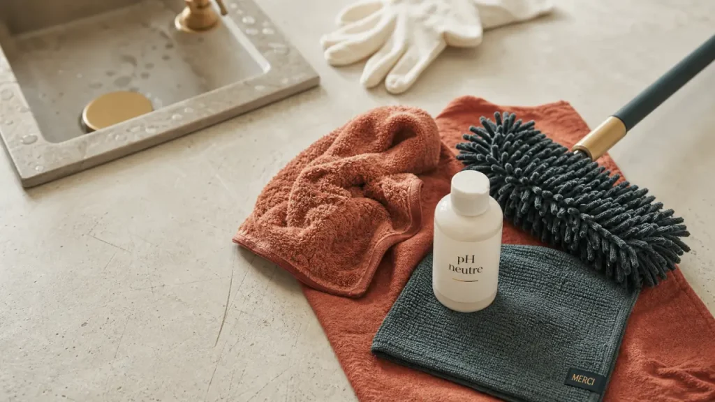 Nettoyer béton ciré pH neutre, chiffons et serpillière sans dégâts