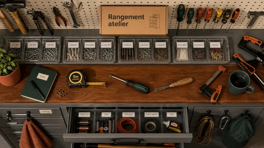 Rangement atelier : organisation murale modulable, crochets et bacs transparents